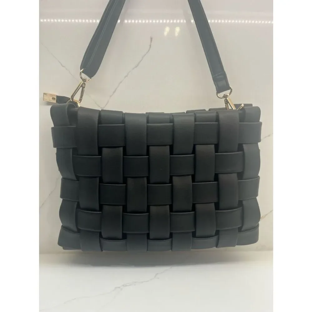 Anthro Woven Black Shoulder Bag Gold Hardware Knot Strap Chic